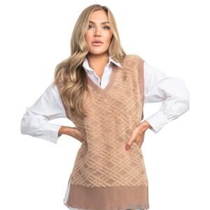 Boutique Fuzzy Sweater Vest XS Oversized Brown Tan Diamond Pattern V-Neck NWT